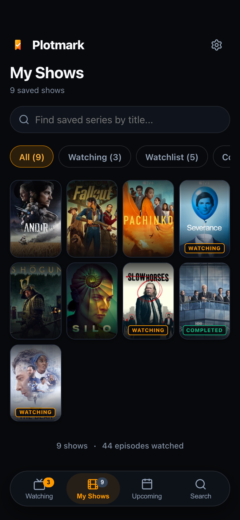Plotmark My Shows library screen displaying poster grid and All, Watching, Watchlist, and Completed filter pills