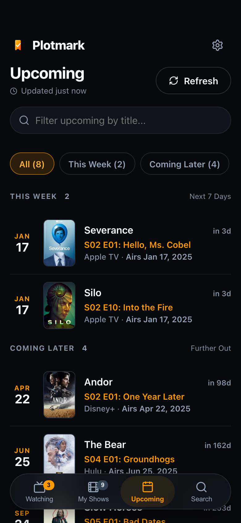 Plotmark Upcoming screen displaying chronological episode release horizons for This Week and Coming Later