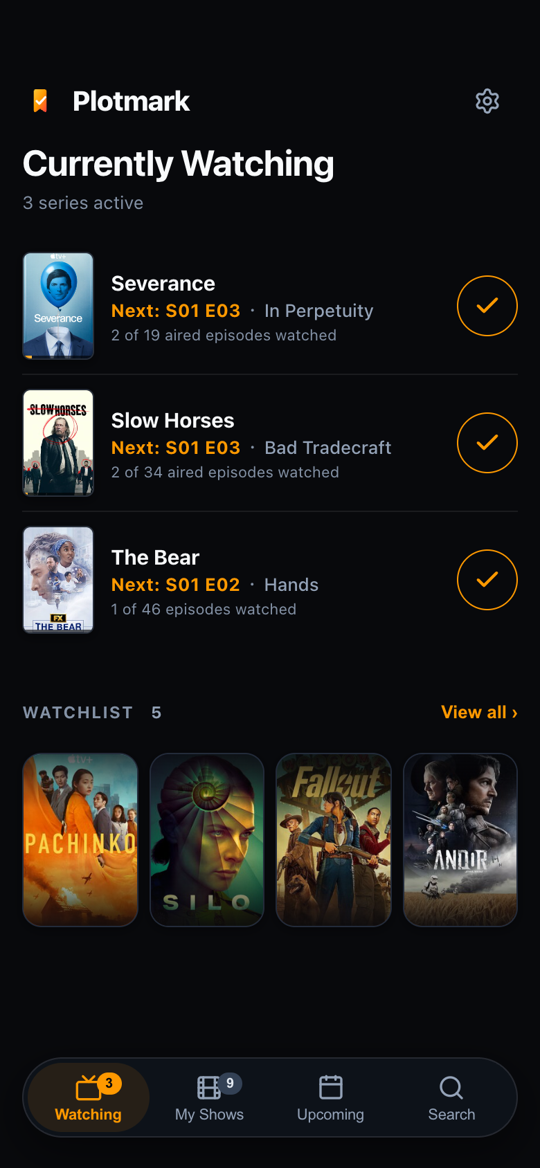 Plotmark Currently Watching screen displaying active television series queue and circular episode checkmarks